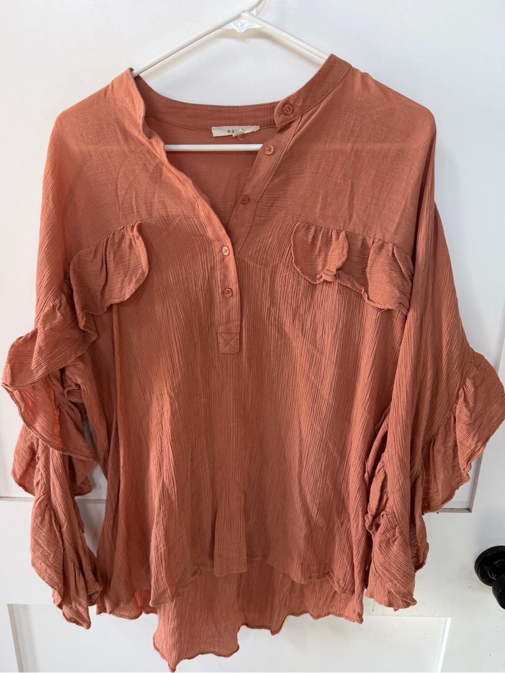Easel S Earthy Rust Button-Front Ruffle Blouse -100 % cotton Fall Top